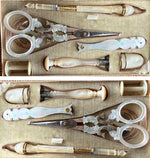 Fine Antique French Palais Royal 18k Mother of Pearl Sewing Nécessaire, Etui, Set Figural Scissors, 7 Tools
