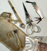 Fine Antique French Palais Royal 18k Mother of Pearl Sewing Nécessaire, Etui, Set Figural Scissors, 7 Tools