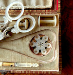 Fine Antique French Palais Royal 18k Mother of Pearl Sewing Nécessaire, Etui, Set Figural Scissors, 7 Tools