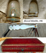 Fine Antique French Palais Royal 18k Mother of Pearl Sewing Nécessaire, Etui, Set Figural Scissors, 7 Tools