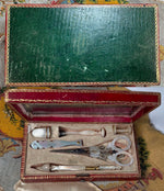 Fine Antique French Palais Royal 18k Mother of Pearl Sewing Nécessaire, Etui, Set Figural Scissors, 7 Tools