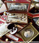 Fine Antique French Palais Royal 18k Mother of Pearl Sewing Nécessaire, Etui, Set Figural Scissors, 7 Tools