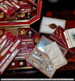 Fine Antique French Palais Royal 18k Mother of Pearl Sewing Nécessaire, Etui, Set Figural Scissors, 7 Tools
