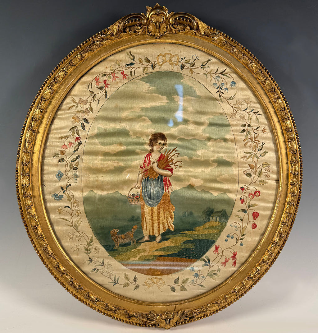 Antique English Georgian Era Silk Embroidery Landscape Portrait Sampler in Elegant Frame