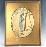 Antique Early 1800s Silk on Silk Embroidery, Young Woman, Flowers & Blossoming Tree Scene