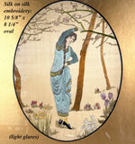 Antique Early 1800s Silk on Silk Embroidery, Young Woman, Flowers & Blossoming Tree Scene