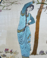 Antique Early 1800s Silk on Silk Embroidery, Young Woman, Flowers & Blossoming Tree Scene