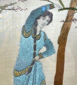 Antique Early 1800s Silk on Silk Embroidery, Young Woman, Flowers & Blossoming Tree Scene