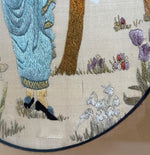 Antique Early 1800s Silk on Silk Embroidery, Young Woman, Flowers & Blossoming Tree Scene