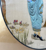 Antique Early 1800s Silk on Silk Embroidery, Young Woman, Flowers & Blossoming Tree Scene