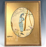 Antique Early 1800s Silk on Silk Embroidery, Young Woman, Flowers & Blossoming Tree Scene