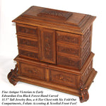 Antique Victorian Black Forest Carved 11.5" Tall 4-Tier Jewelry Chest, Box with Foliate Accents