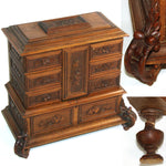 Antique Victorian Black Forest Carved 11.5" Tall 4-Tier Jewelry Chest, Box with Foliate Accents