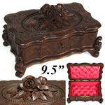 Antique Victorian Era Black Forest Carved 9.5" Jewelry Box, Serpentine Shape with Flowers
