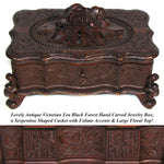 Antique Victorian Era Black Forest Carved 9.5" Jewelry Box, Serpentine Shape with Flowers