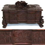 Antique Victorian Era Black Forest Carved 9.5" Jewelry Box, Serpentine Shape with Flowers