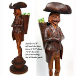 Antique 19th C. Swiss Black Forest Carved 9" Figural Match or Toothpick Holder, Jovial Figure