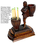 RARE Antique 19th C. Swiss Black Forest Carved Figural Match or Toothpick Holder, Figure with Woven Baskets
