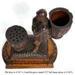 RARE Antique 19th C. Swiss Black Forest Carved Figural Match or Toothpick Holder, Figure with Woven Baskets
