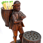RARE Antique 19th C. Swiss Black Forest Carved Figural Match or Toothpick Holder, Figure with Woven Baskets