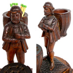 RARE Antique 19th C. Swiss Black Forest Carved Figural Match or Toothpick Holder, Figure with Woven Baskets
