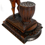 RARE Antique 19th C. Swiss Black Forest Carved Figural Match or Toothpick Holder, Figure with Woven Baskets