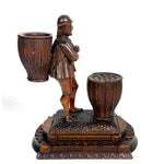 RARE Antique 19th C. Swiss Black Forest Carved Figural Match or Toothpick Holder, Figure with Woven Baskets