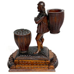 RARE Antique 19th C. Swiss Black Forest Carved Figural Match or Toothpick Holder, Figure with Woven Baskets