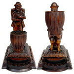 RARE Antique 19th C. Swiss Black Forest Carved Figural Match or Toothpick Holder, Figure with Woven Baskets