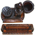 RARE Antique 19th C. Swiss Black Forest Carved Figural Match or Toothpick Holder, Figure with Woven Baskets