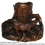 Antique Swiss Black Forest Carved Wood Tree Stump Match or Toothpick Holder with FOX