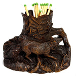 Antique Swiss Black Forest Carved Wood Tree Stump Match or Toothpick Holder with FOX