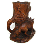 Antique Swiss Black Forest Carved Wood Tree Stump Match or Toothpick Holder with FOX