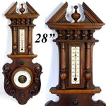 Antique Victorian Era 28" Wall Barometer & Thermometer, Ornate Carved & Turned Wood