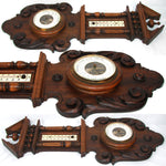 Antique Victorian Era 28" Wall Barometer & Thermometer, Ornate Carved & Turned Wood