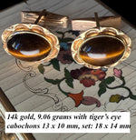Fine Vintage 1980s 14k Gold Cufflinks, Tiger's Eye Cabochons, 9.06 Grams, Excellent