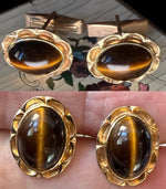 Fine Vintage 1980s 14k Gold Cufflinks, Tiger's Eye Cabochons, 9.06 Grams, Excellent