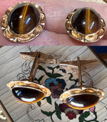 Fine Vintage 1980s 14k Gold Cufflinks, Tiger's Eye Cabochons, 9.06 Grams, Excellent