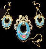 Antique French 14k Gold and Kiln-fired Enamel Brooch and Screwback Earrings Set, Demi Parure