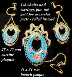 Antique French 14k Gold and Kiln-fired Enamel Brooch and Screwback Earrings Set, Demi Parure
