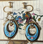 Antique French 14k Gold and Kiln-fired Enamel Brooch and Screwback Earrings Set, Demi Parure