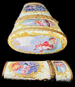 Fine c. 1750s Staffordshire Bilston or Battersea Kiln-fired Enamel Etui or Nécessaire, 5 Figural Vignettes
