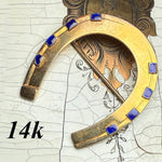 Antique 14k Gold Lucky Horseshoe Brooch, Blue Kiln-fired Enamel Nails Detail, 7.85 grams