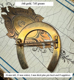 Antique 14k Gold Lucky Horseshoe Brooch, Blue Kiln-fired Enamel Nails Detail, 7.85 grams