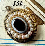 Large Antique Victorian 15k Gold Mourning Locket Pendant w 20 fine 3 mm Pearls + Agate