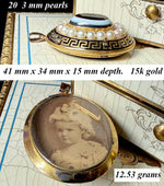 Large Antique Victorian 15k Gold Mourning Locket Pendant w 20 fine 3 mm Pearls + Agate