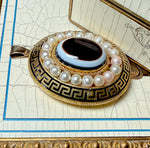 Large Antique Victorian 15k Gold Mourning Locket Pendant w 20 fine 3 mm Pearls + Agate