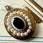 Large Antique Victorian 15k Gold Mourning Locket Pendant w 20 fine 3 mm Pearls + Agate