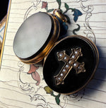 Antique 16k Gold Mounted Onyx Mourning Locket, Seed Pearls Set in Cross, Crucifix, c.1860s