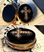 Antique 16k Gold Mounted Onyx Mourning Locket, Seed Pearls Set in Cross, Crucifix, c.1860s